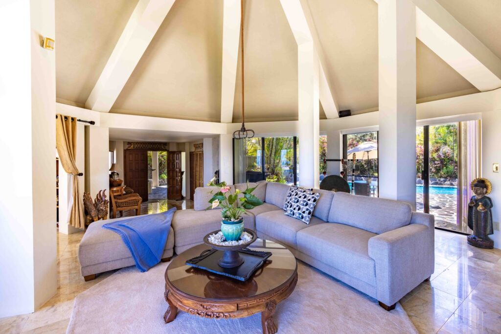 Waterfall House: Octagon shape living room designed w/ sacred geometry principles